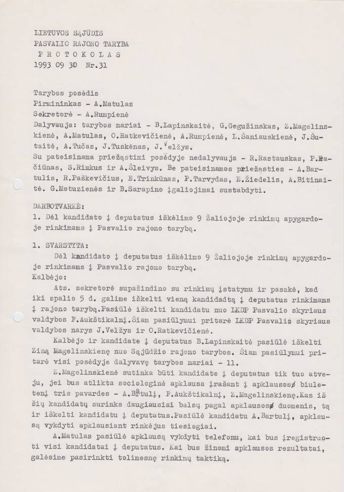 Lietuvos Sajūdžio Pasvalio rajono Tarybos posėdžio 1993 m. rugsėjo 30 d. PROTOKOLAS Nr. 31